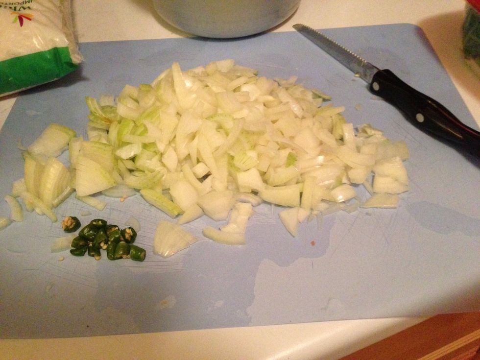 Peel, wash, chop 2 medium sized onions as well as 2 green chilis