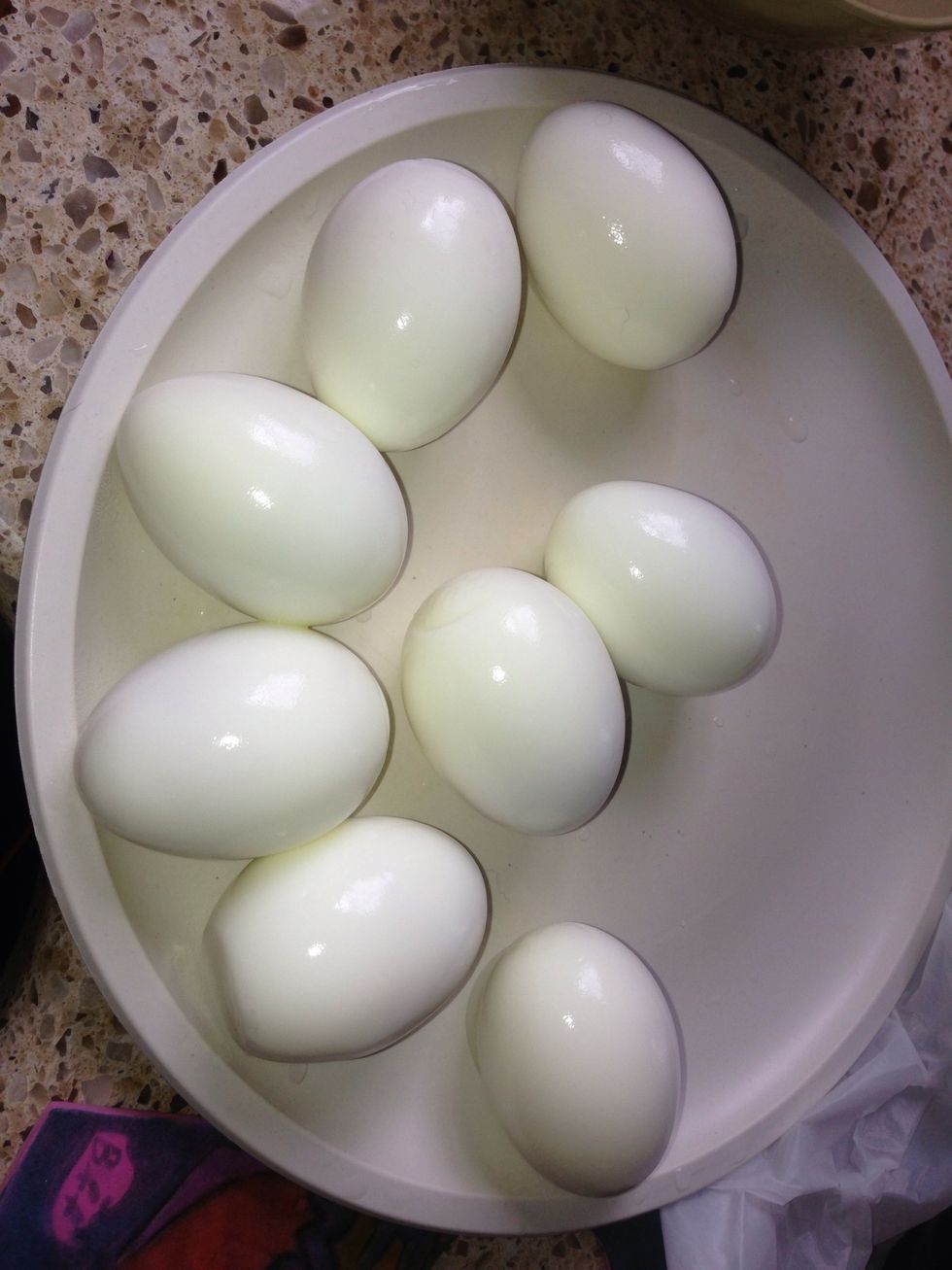 Peel your eggs and cut them in half. Take your yolk and put it on a separate bowl.