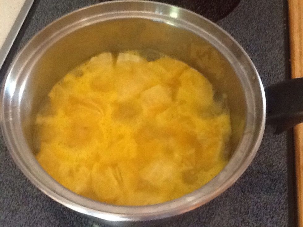 Peeled, cooked down for about 10 min, add ~ 8 scoops pure stevia and 1/4 cup honey. Cool some, blend in vitamix on high.