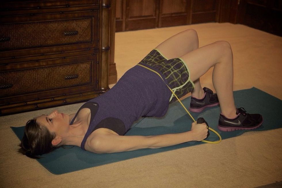 Pelvic Push: Lay on your back with feet on the ground. Wrap resistance band around you and hold to the ground. Lift your body off the ground so only shoulders are touching. Continue for 1 minute.