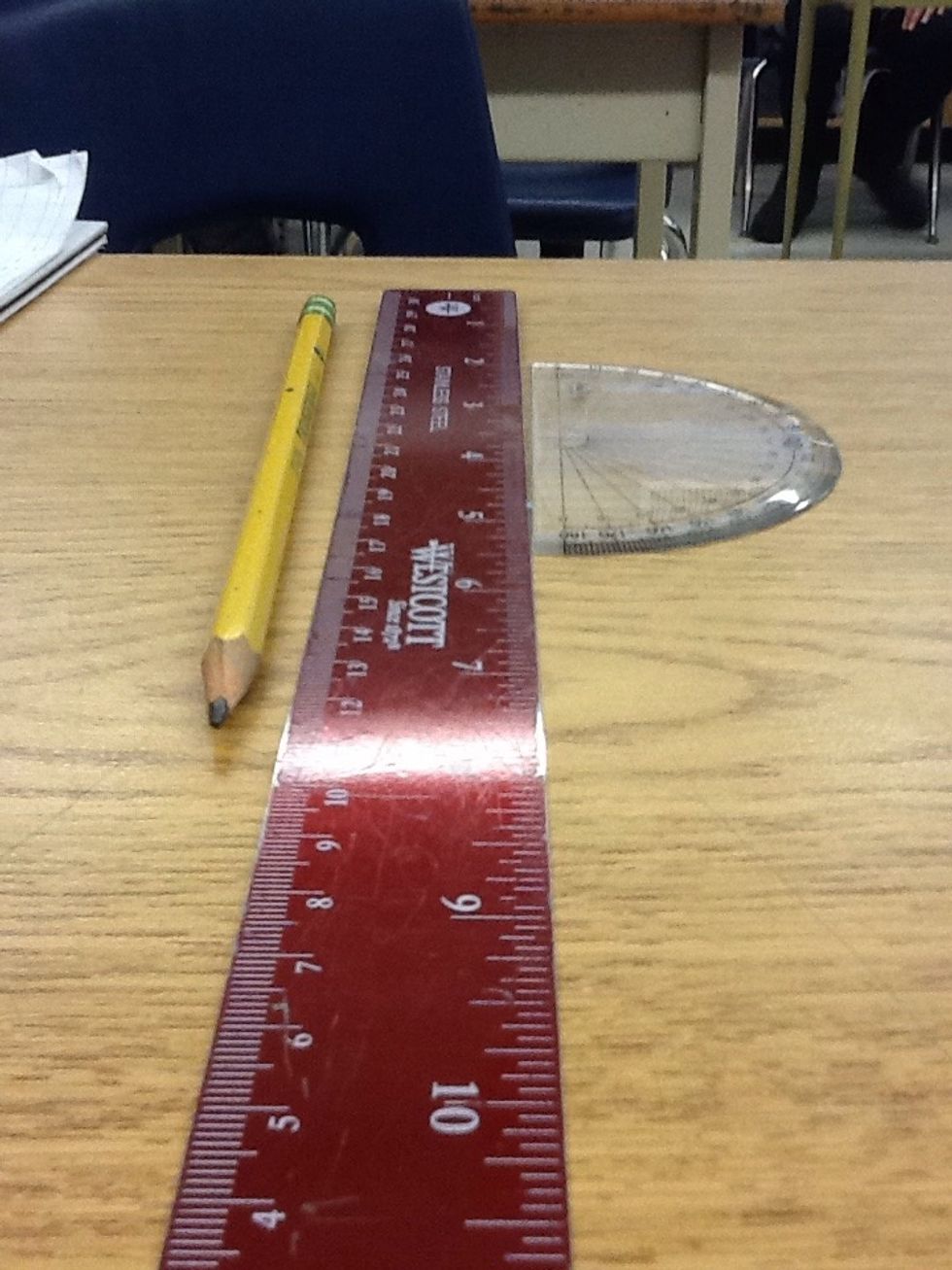 Pencil (left) ruler (middle) protractor (right)