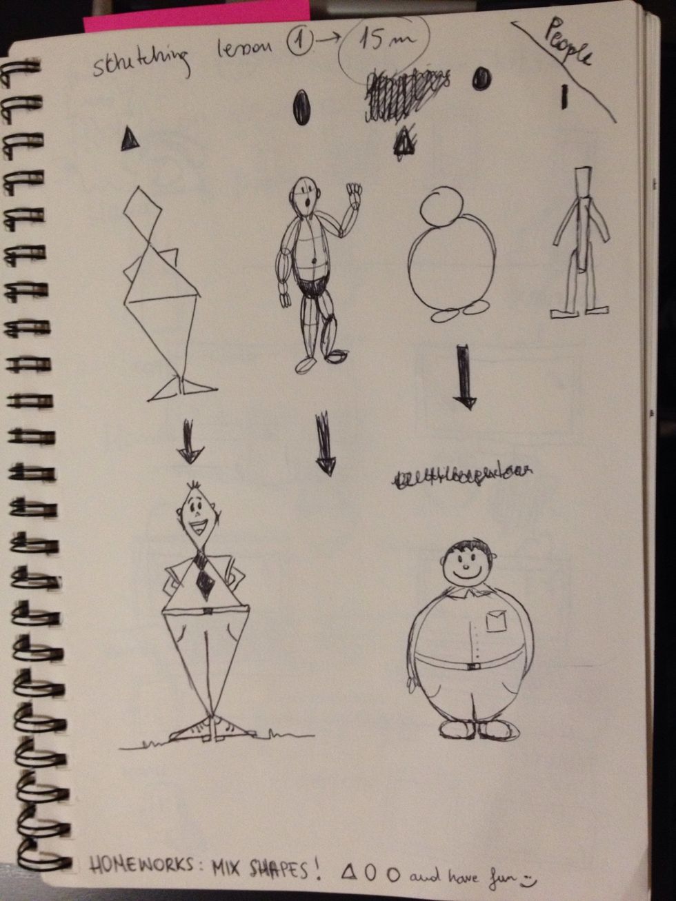 People. Assemble basic shapes and tweak them to draw people.