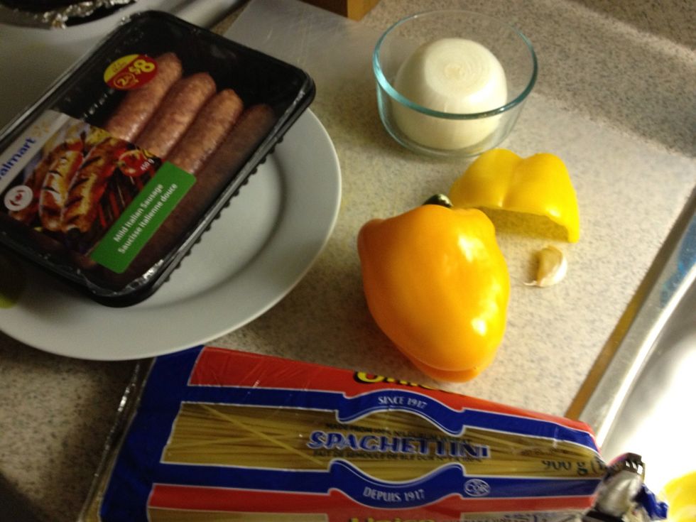 Pepper what ever kind. Pasta I use spaghetti. Sausages again your preference. Onion. 1 clove garlic