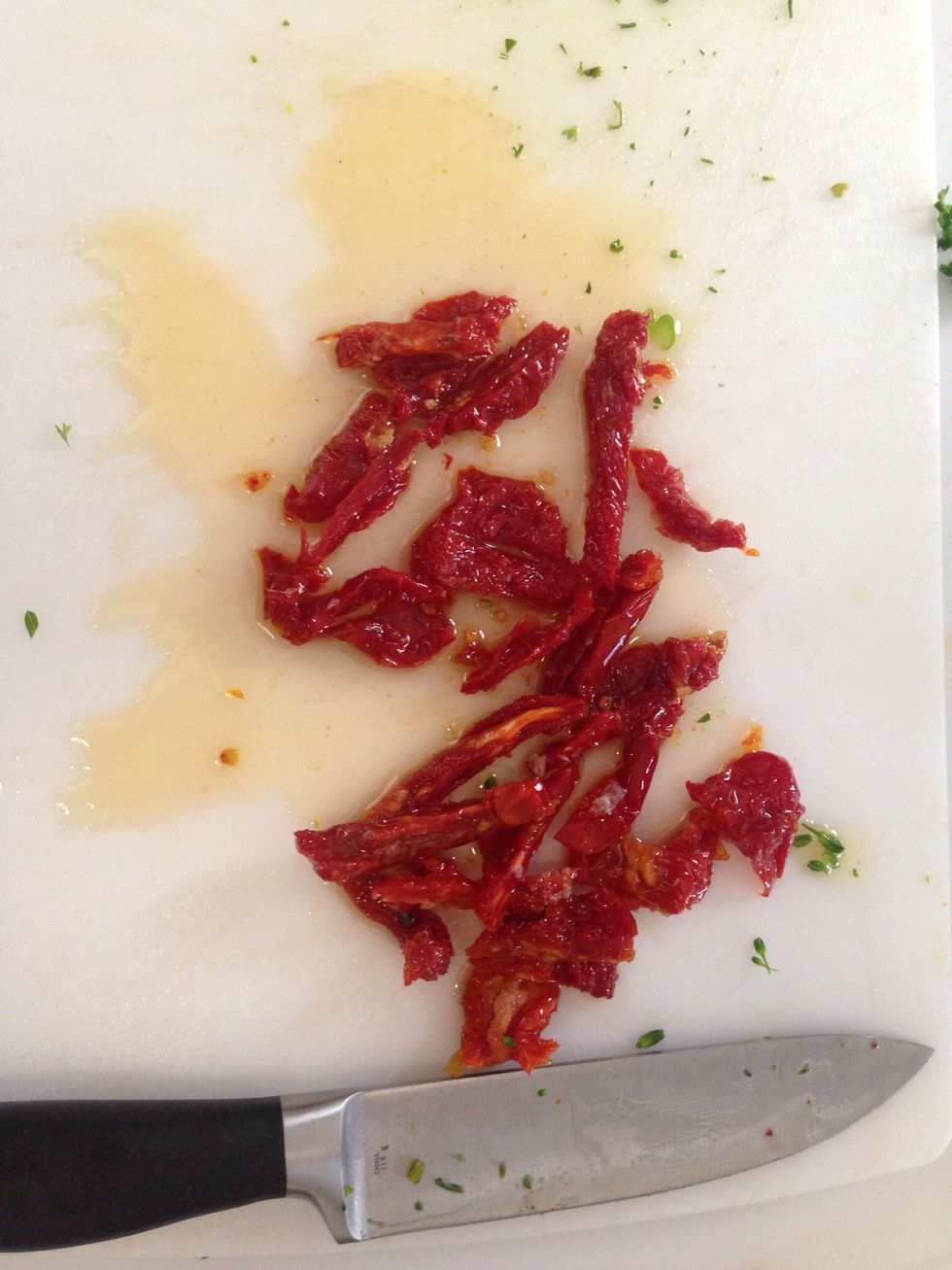 Perfect, into the skillet the sun dried tomatoes will go.