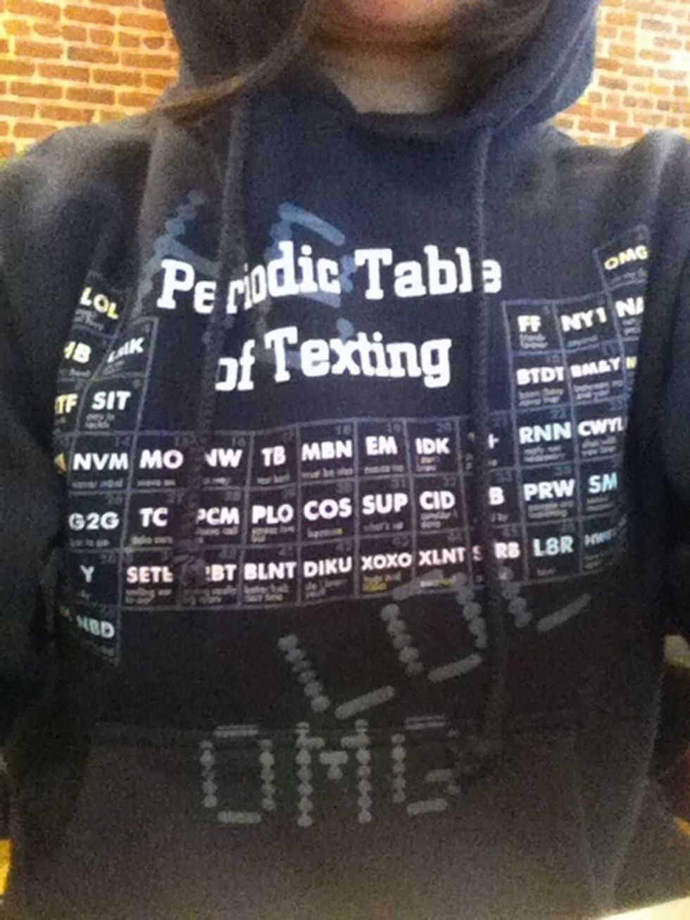Periodic table of texting hoodie is a total must. Lol. Omg.