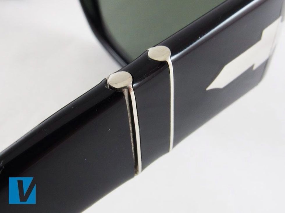 Persol sunglasses feature their patented 'Meflecto' flexible stem system designed to maximise comfort. Identifiable by two metal strips on the arm that carry round to the top and sides of the arm.