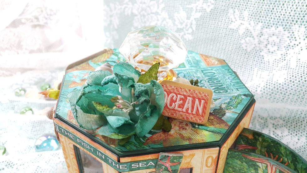 Petaloo flowers, decorative chipboard and shells to decorate the top of the teapot.