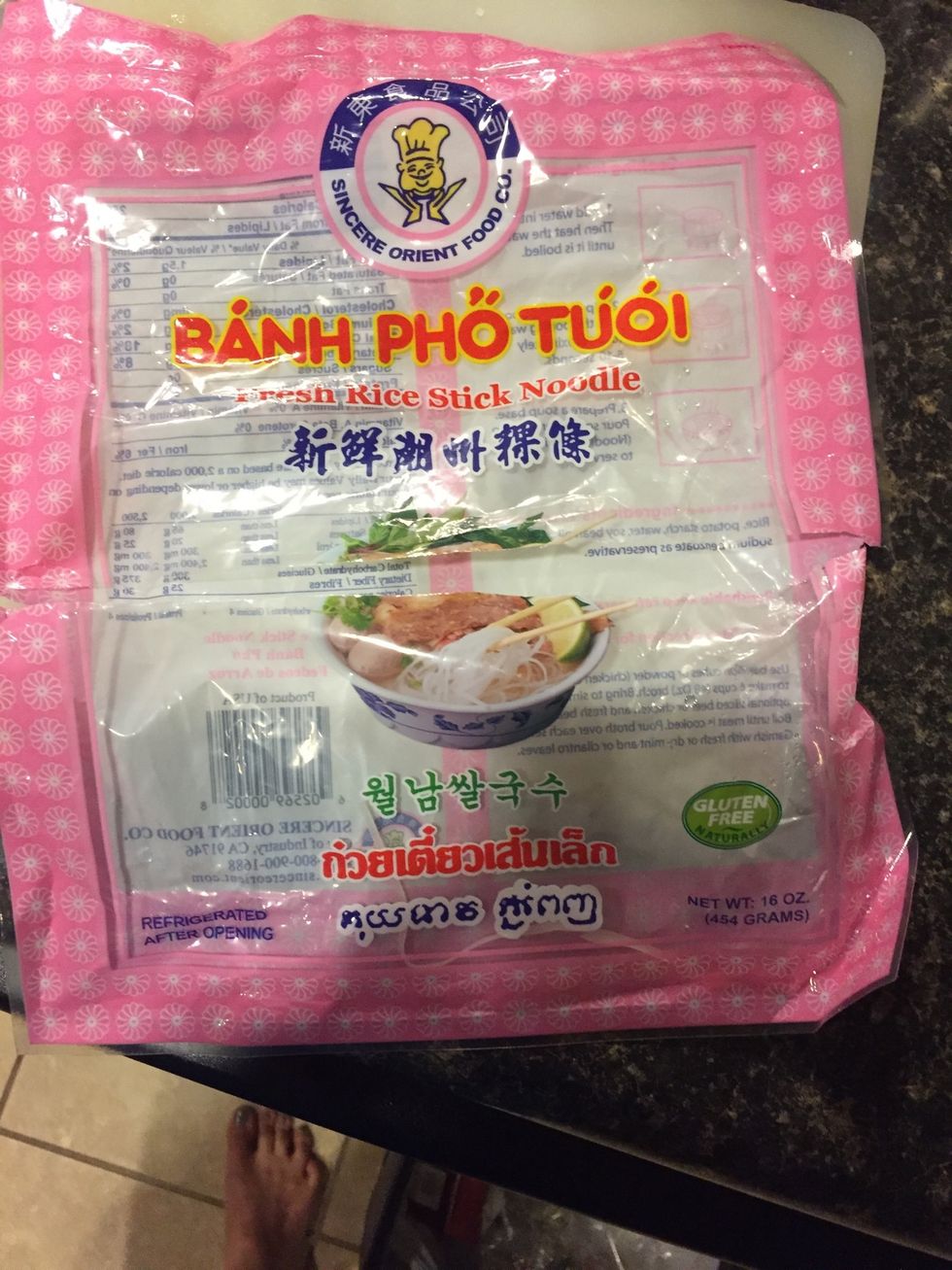 Pho noodles. Rinse with water and microwave for one minute (If using real chicken)then add tablespoon of salt and honey, let boil and then add chicken breasts