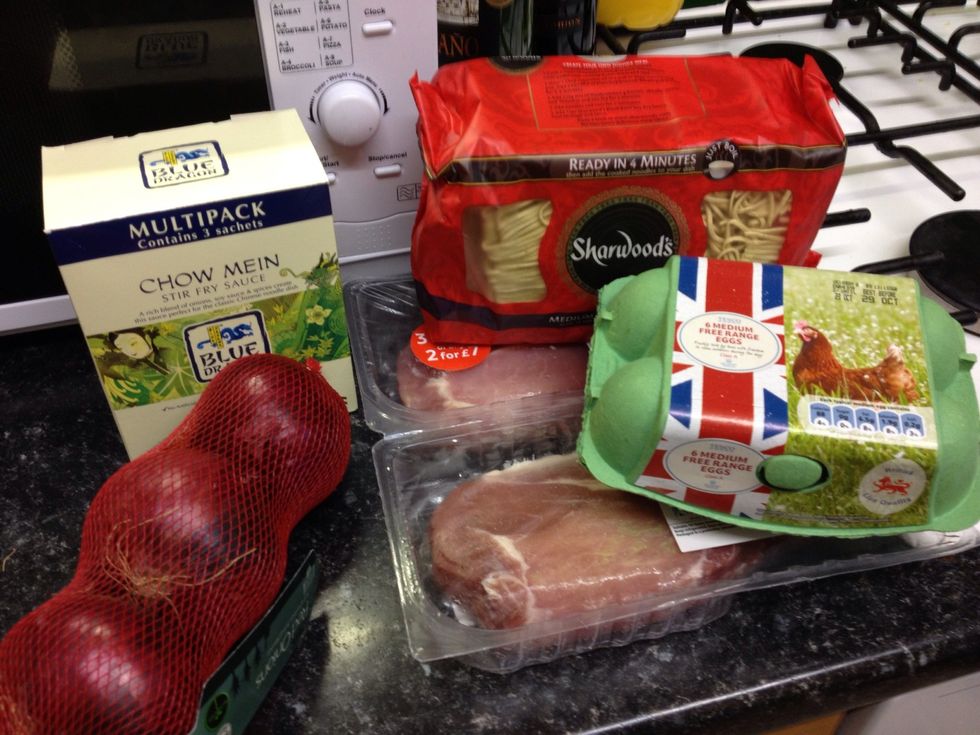 Photo of supplies. I used Blue Dragon chow mein sauce for this recipe, but soy sauce works just as well :).