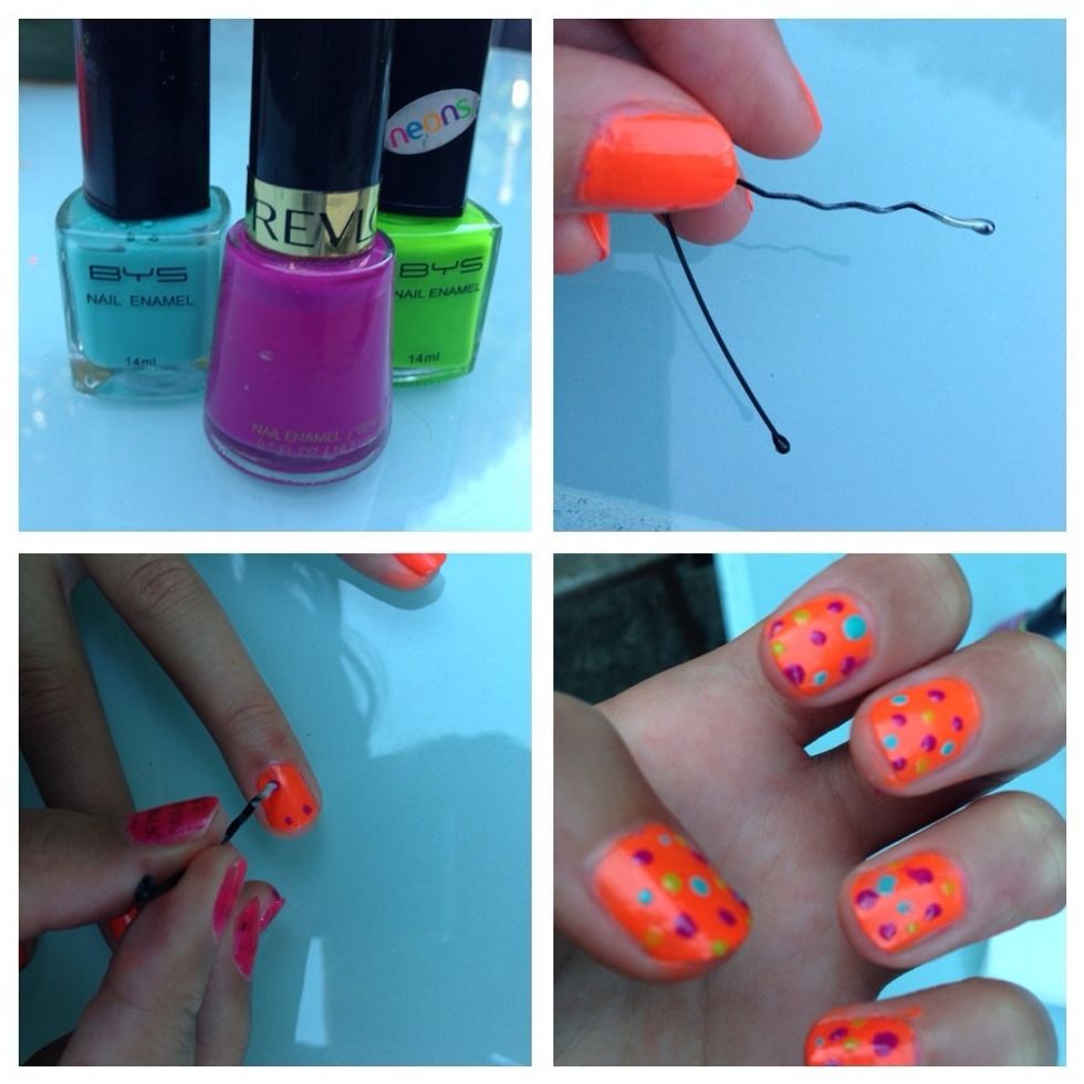 Pick 3 colours. I chose 'BYS - Kung fu blue' , 'Revlon - Plum Seduction' and 'BYS - Fatal Attraction.' Pull a bobby pin open and use the end as a dotting tool, have fun and create different dots!