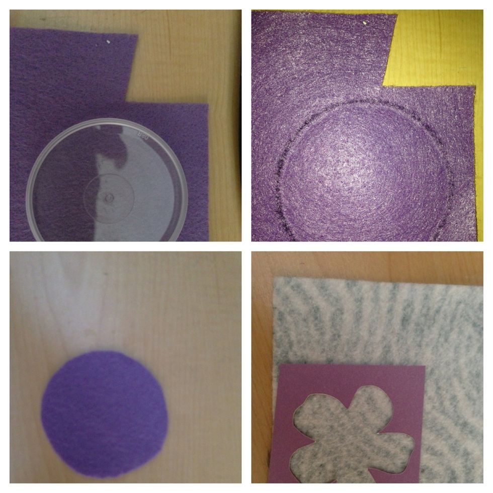 Pick a felt sheet and place the round object in top and with a pen draw around it, then cut it. Take the other felt sheet and place the flower stencil on top.