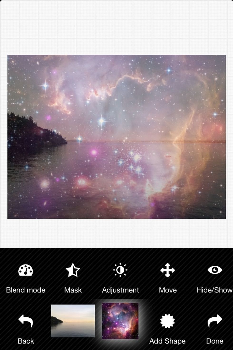 Pick a galaxy you wish to add, and the Glaxo will appear overlay on your photo. Select 'mask' tools .
