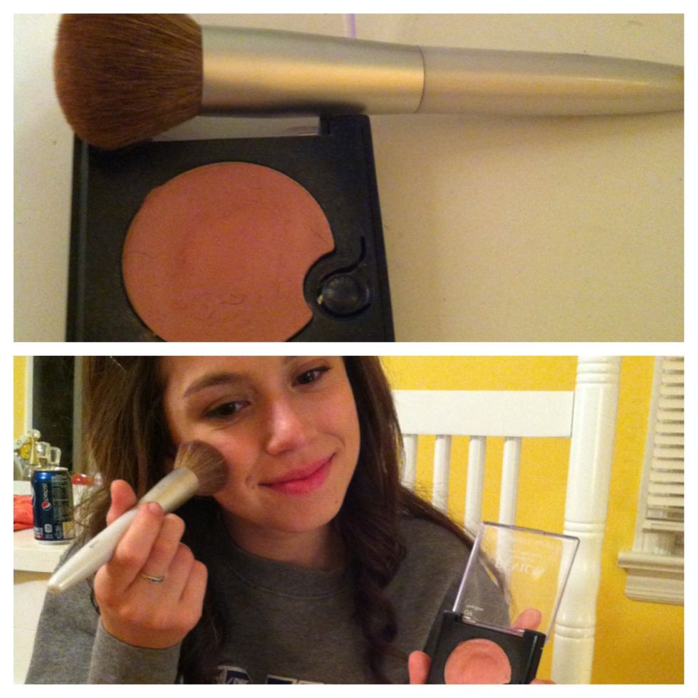 Pick a shade of blush that gives you the best "flush look," apply on the apples of your cheek using a big blush brush with swiping motions.