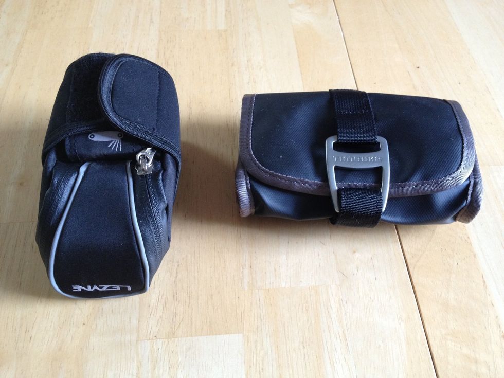 Pick out a compact bag to put your stuff in. On the right is a small utility bag good for commuters. On the left is a saddle bag handy for sport riding (ie, no grubby hipsters around to steal it).