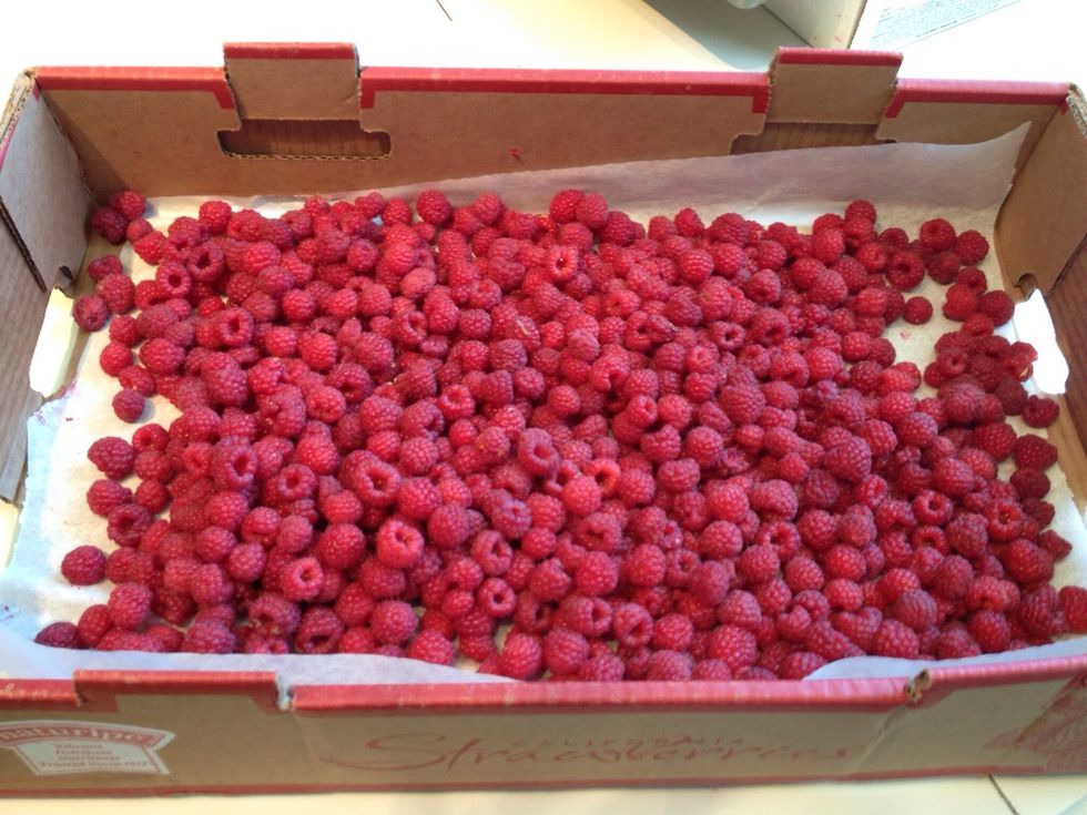 Pick over your fresh berries to make sure they are free of bugs and leaves.  (You can lightly wash them at this point, but mine are fresh off the shrubs so I don't bother).