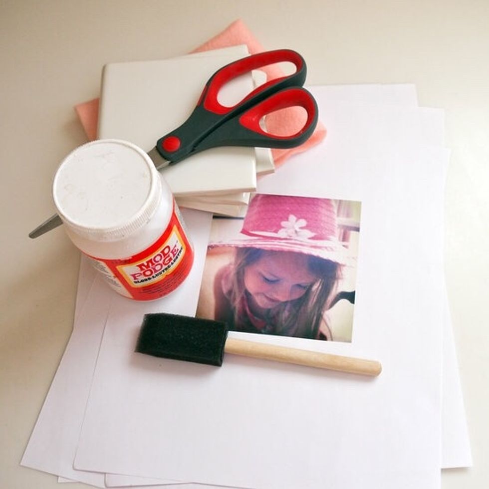 Pick up small white tiles at your local home goods store, which will run you less than a dollar each. Select pictures to use for the project, resize to four by four inches, then print.