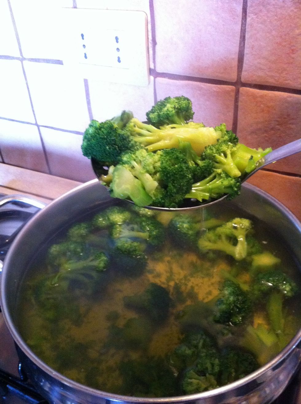 Pick up the broccoli from water and add them to the onions. Save water for later.