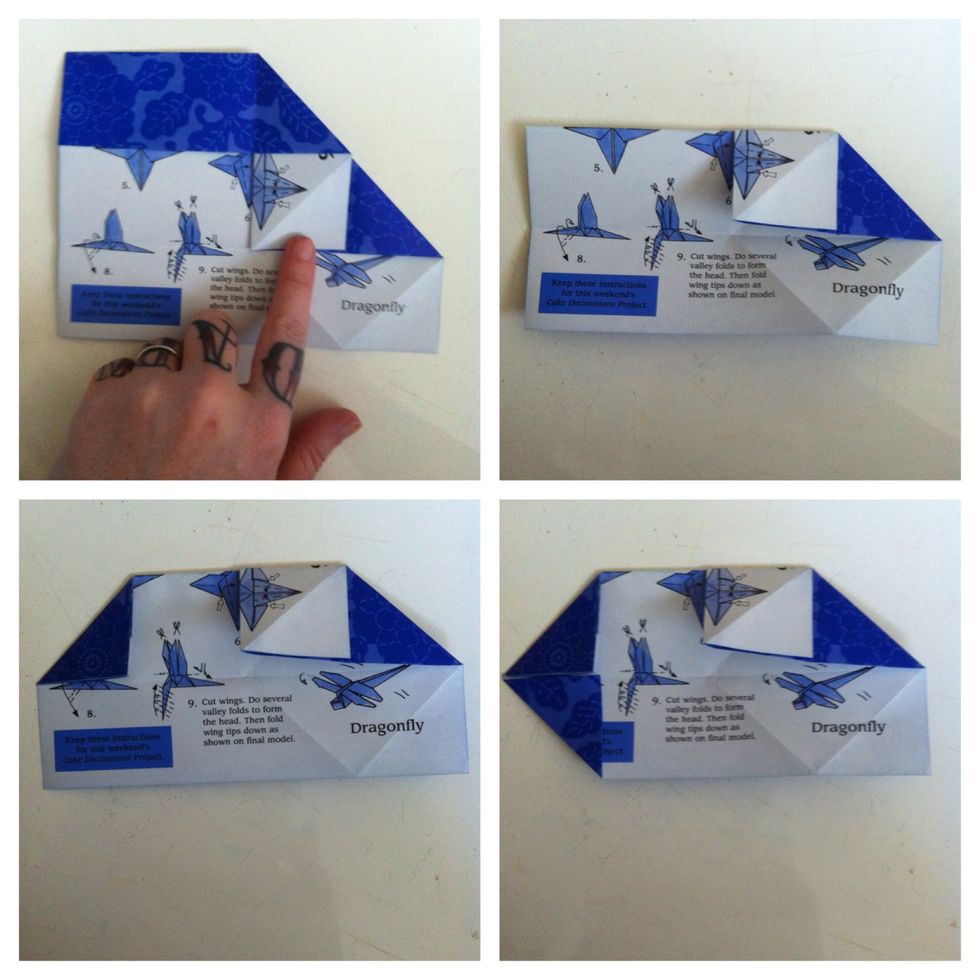 Pick up the left flap (part that u just squished) & fold to right (pic1). Fold top edge back (pic2). Fold top left corner down (pic3). Repeat w/ bottom left corner (pic4).