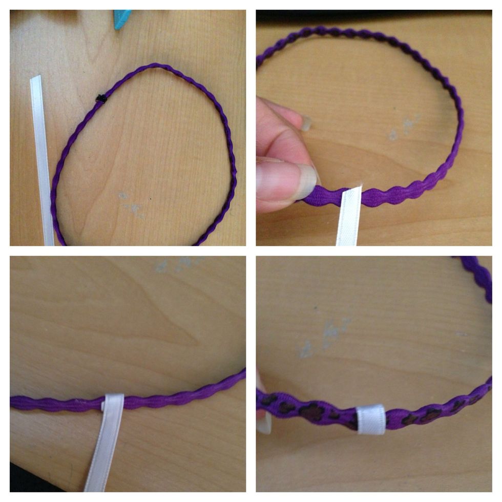 Pick where you want your pin to be in the headband and put a dot of hot glue, then go around and glue it in top of the ribbon making a loop (don't do it too tight) cut off the excess ribbon.