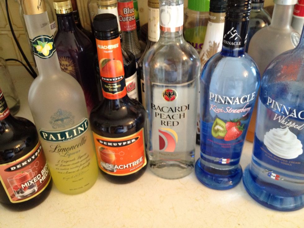 Pick your booze! This is a great drink for using up the bottom of the bottles! Fruit favors work great, but it really doesn't matter!