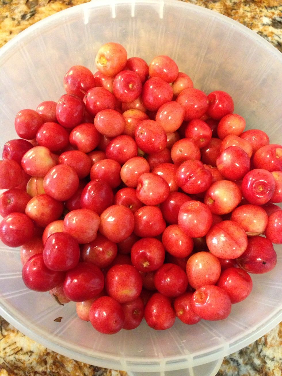 Pick your cherries. I have a tree, I actually fell out of it trying to get these cherries. But the cobbler was so good it was worth the scrapes I got. ;)