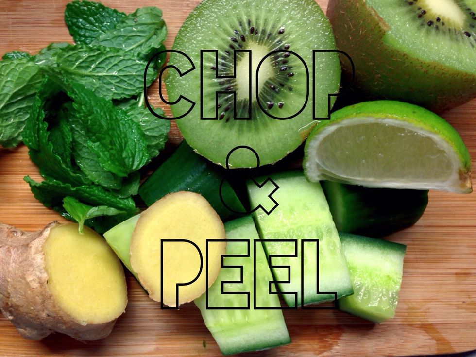 Pick your mint leaves off the stem. (Use plenty of mint !) Scoop the kiwi out if its skin. Peel the ginger. Chop cucumber into 1-2in cubes. Squeeze lime juice into your blender or magic bullet.