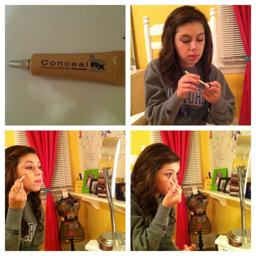Pick your shade of concealer and using a little brush apply it to your blemishes and under eyes. Blend out until you can't see the edges of the product.