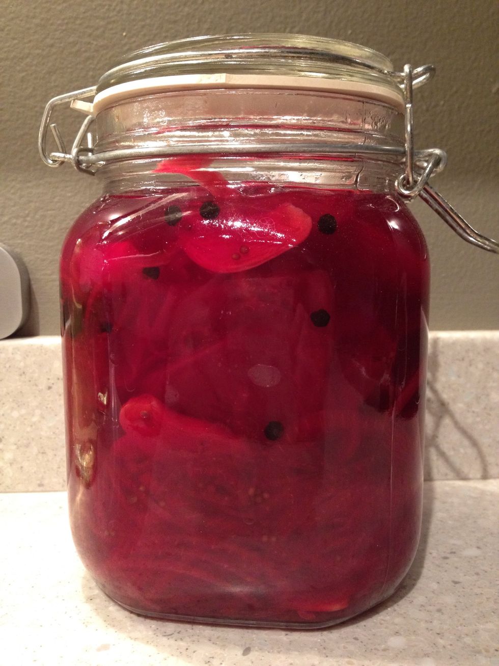 Picked onions with beets. Yep, homemade.