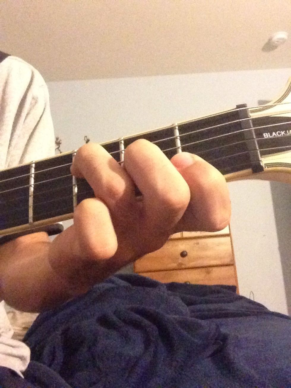 Picking up from D, this is an F chord. Put your ring finger on the 3rd fret of the D string, middle finger on the 2nd fret of the G string, and you will flatten, or barre your index finger across the