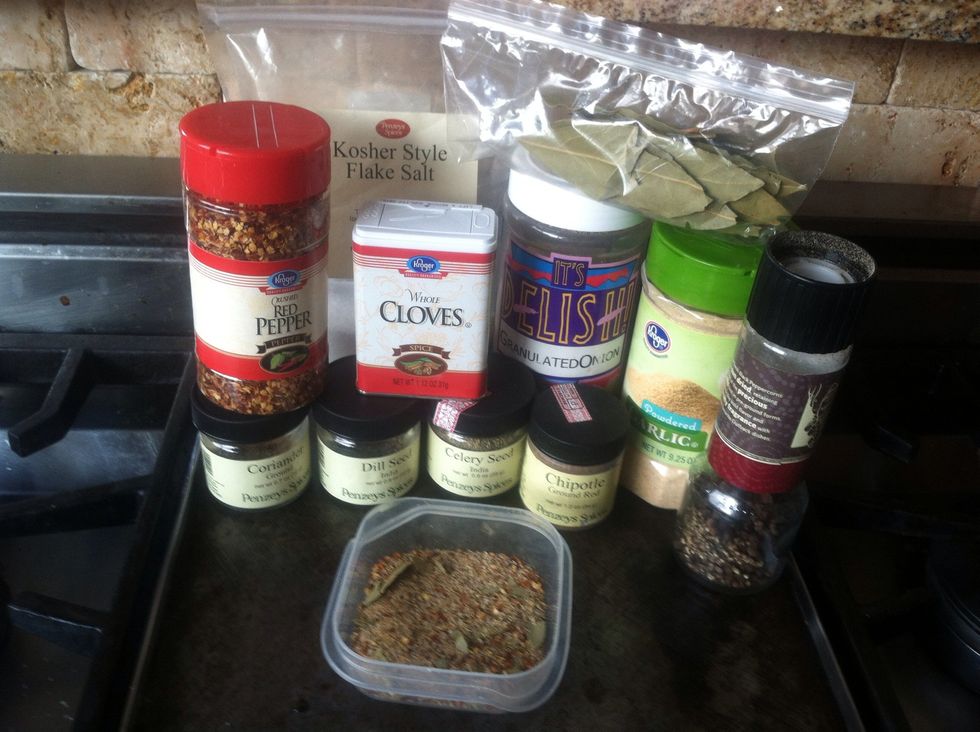 Pickling spices I use a teaspoon or two of each with 3 crushed bay leaves \u2022red pepper flakes \u2022kosher salt \u2022ground pepper\u2022dill seeds \u2022celery seeds \u2022coriander \u2022chipotle \u2022granulated onion &garlic \u2022cloves