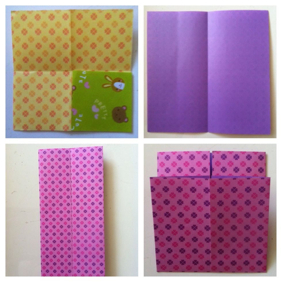 Pics in guide go top left, clockwise. 2 papers, I used 6" & 3". Bigger square for box. Box--Color side down, fold in 1/2. Fold left & right edge to center. Fold bottom up, not quite to top edge.