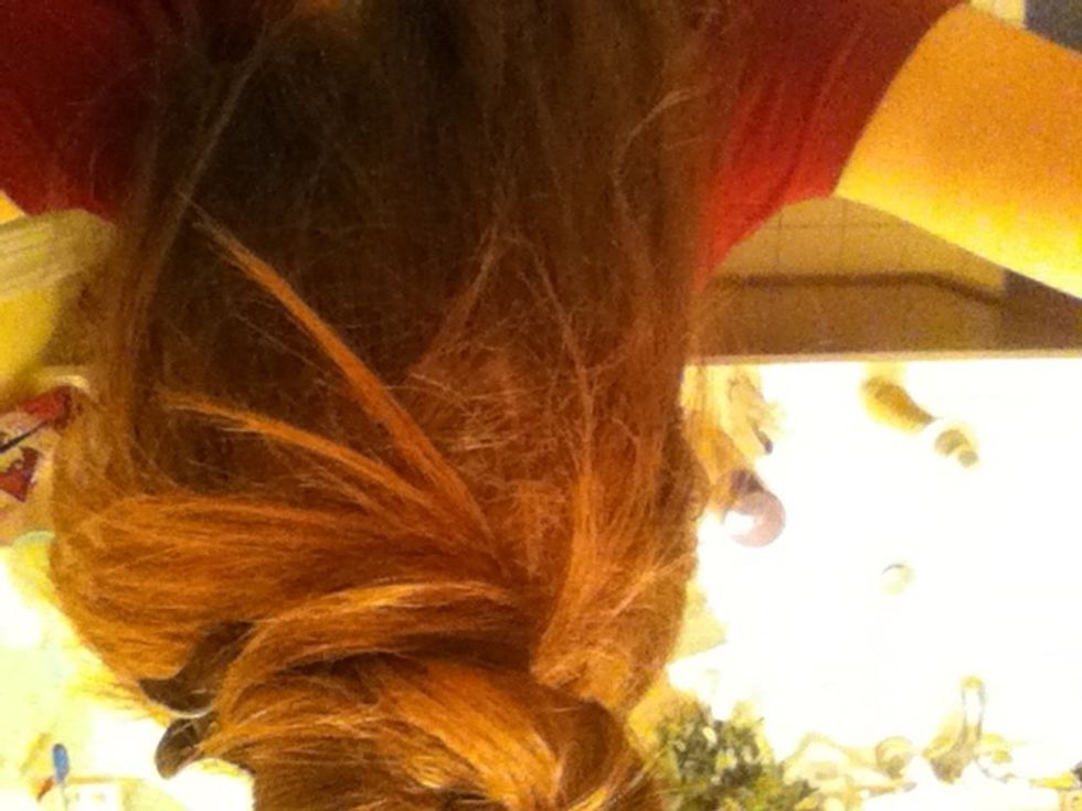 (picture upside down) Gather half of your hair and clip it up, leaving the bottom half down to curl.