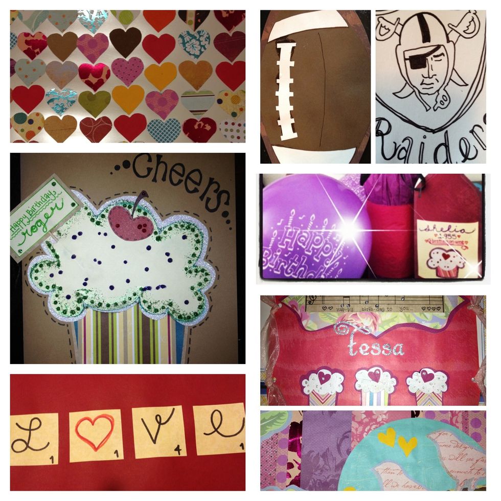 pictures of my other cards: 100 hearts for 100 days of marriage, cupcake, love scrabble tiles, a raider's card, a wine bottle, and music notes, cupcakes, and finches for my best friend's birthday!