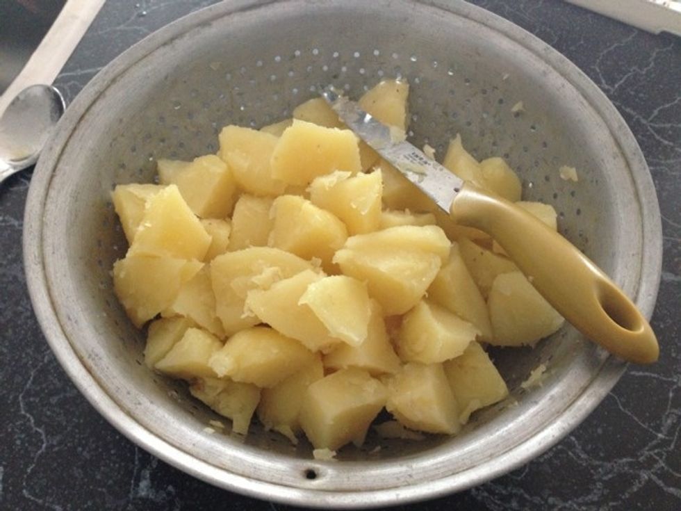 Pierce potatoes with knife to see if its soft. Cut into small to medium pieces.