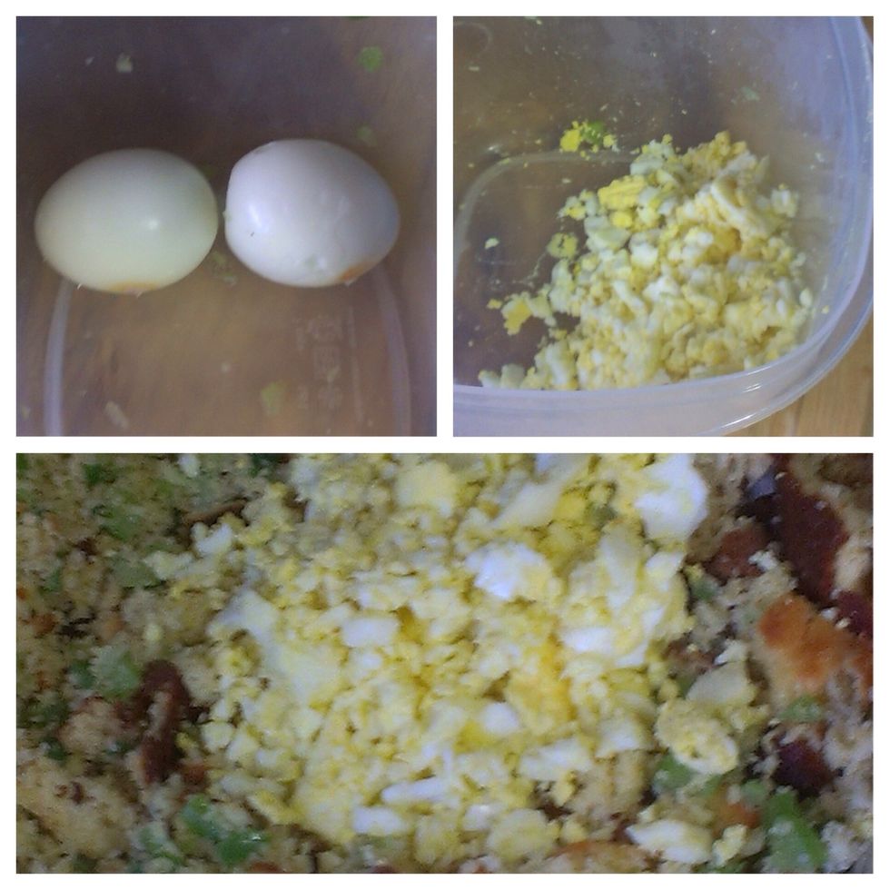 Pill and scramble up the 2 eggs you boiled and add that to the cornbread mixture
