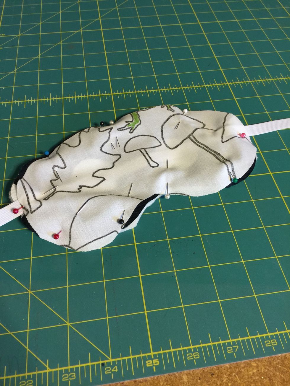 Pin around the edges and be sure to leave a spot with double pins \ud83d\udccd\ud83d\udccd, to make it easy to turn your eye mask right side out.