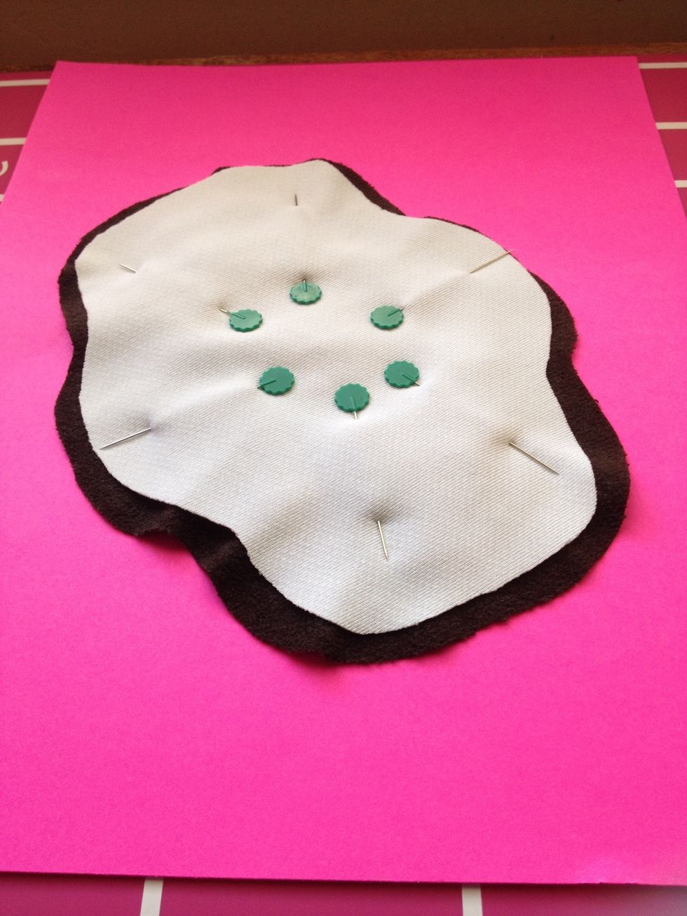 Pin smaller fabric (white stay dry, good side down) to top of larger fabric (brown suede cloth, good side up). Good sides are in middle so we can turn inside out. Sew around edges, leave 1" un-sewn.