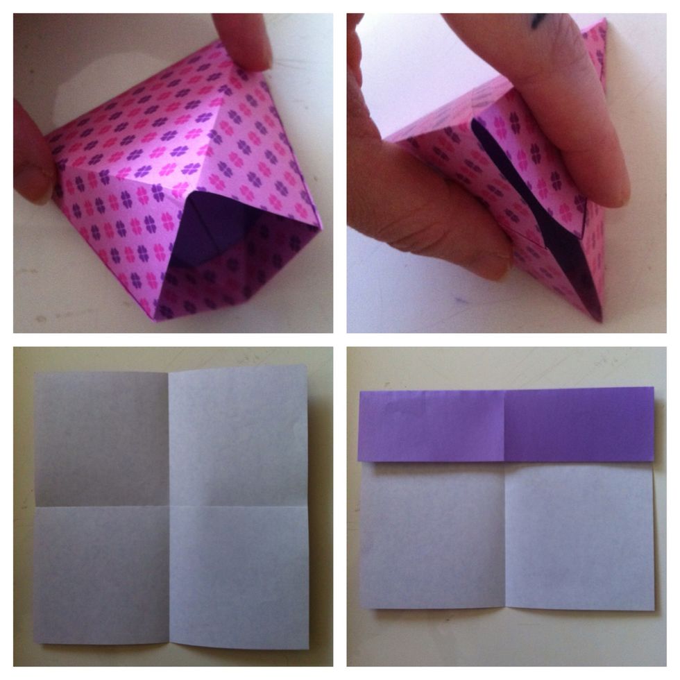 Pinch that "v" on top layer to a mountain fold as shown (put finger in opening to pinch crease). Squeeze into box shape (a pyramid). Box done. Heart--fold in 1/2 both ways. Fold top edge to center.