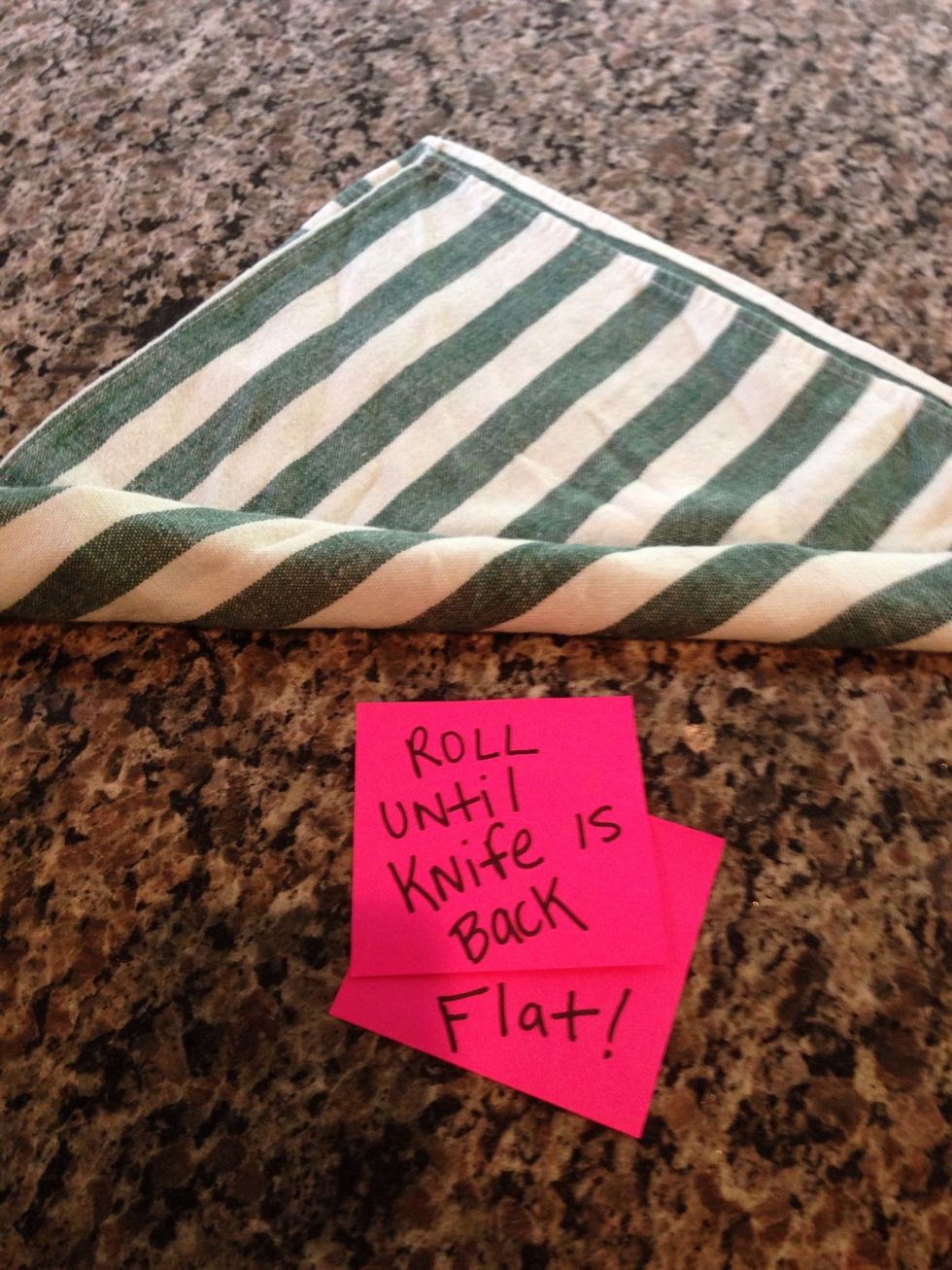 Pinch the napkin with utensils and roll one full rotation until the knife is back flat against the surface. Someone doesn't know how to adjust the size of their hand font & had to use 2 post-its.