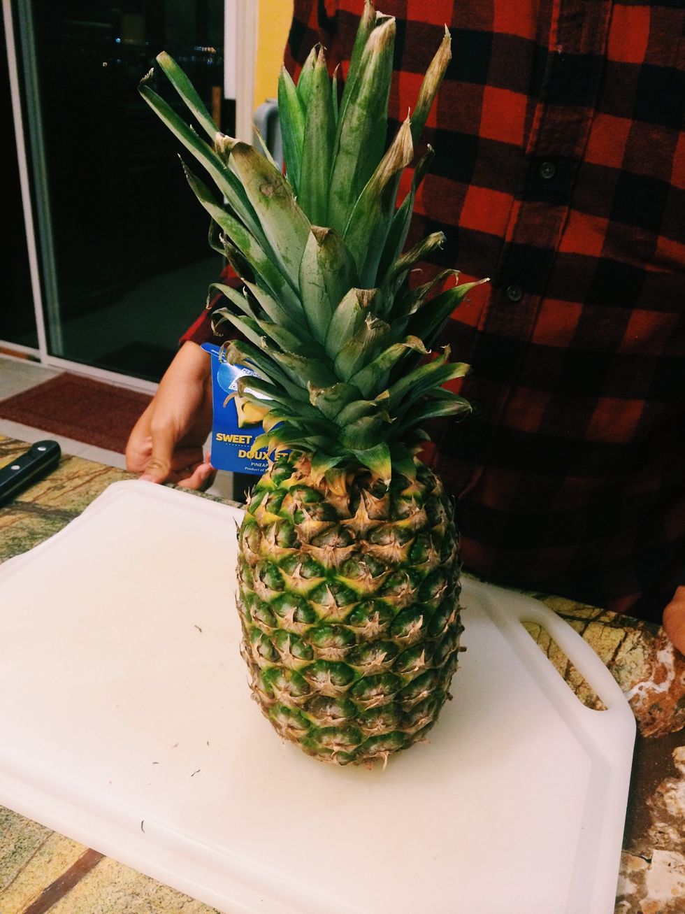 Pineapple! The one we used was a bit old (you can tell by the color of the leaves)   Tip: you can put the pineapple upside down to let the juices and sugars to flow down to be evenly distributed