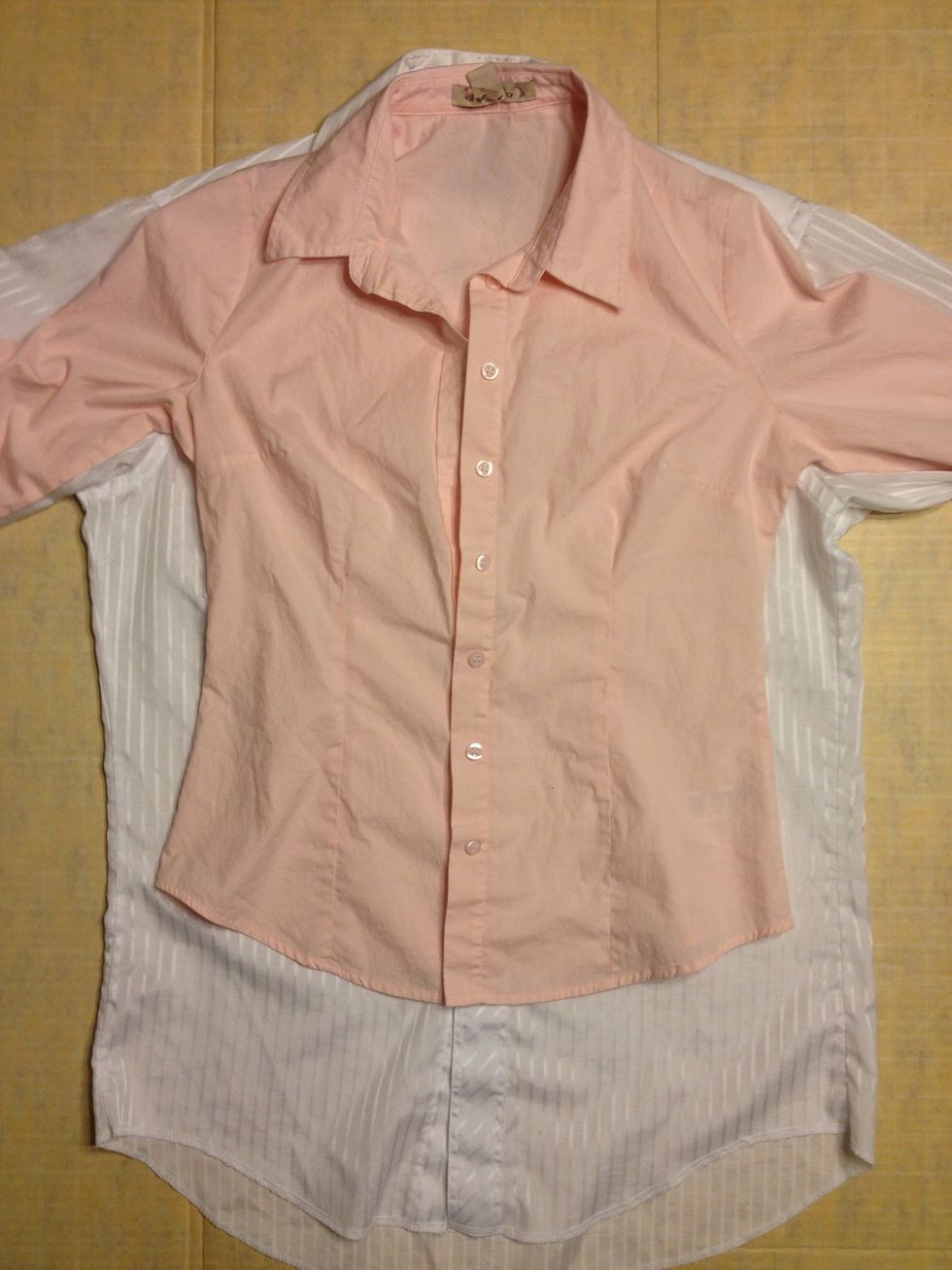Pink shirt= My shirt. I like the cut. Not long enough. White shirt= Man shirt I bought at the thrift store.