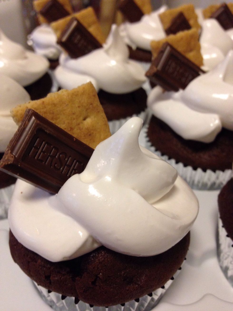 Pipe frosting onto cooled cupcakes in a pretty design and decorate with a graham cracker piece and a chocolate square! Enjoy! :)