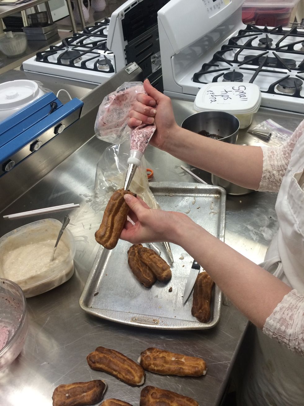 Pipe in whatever filling you bought or prepared (we made a banana cream filling)