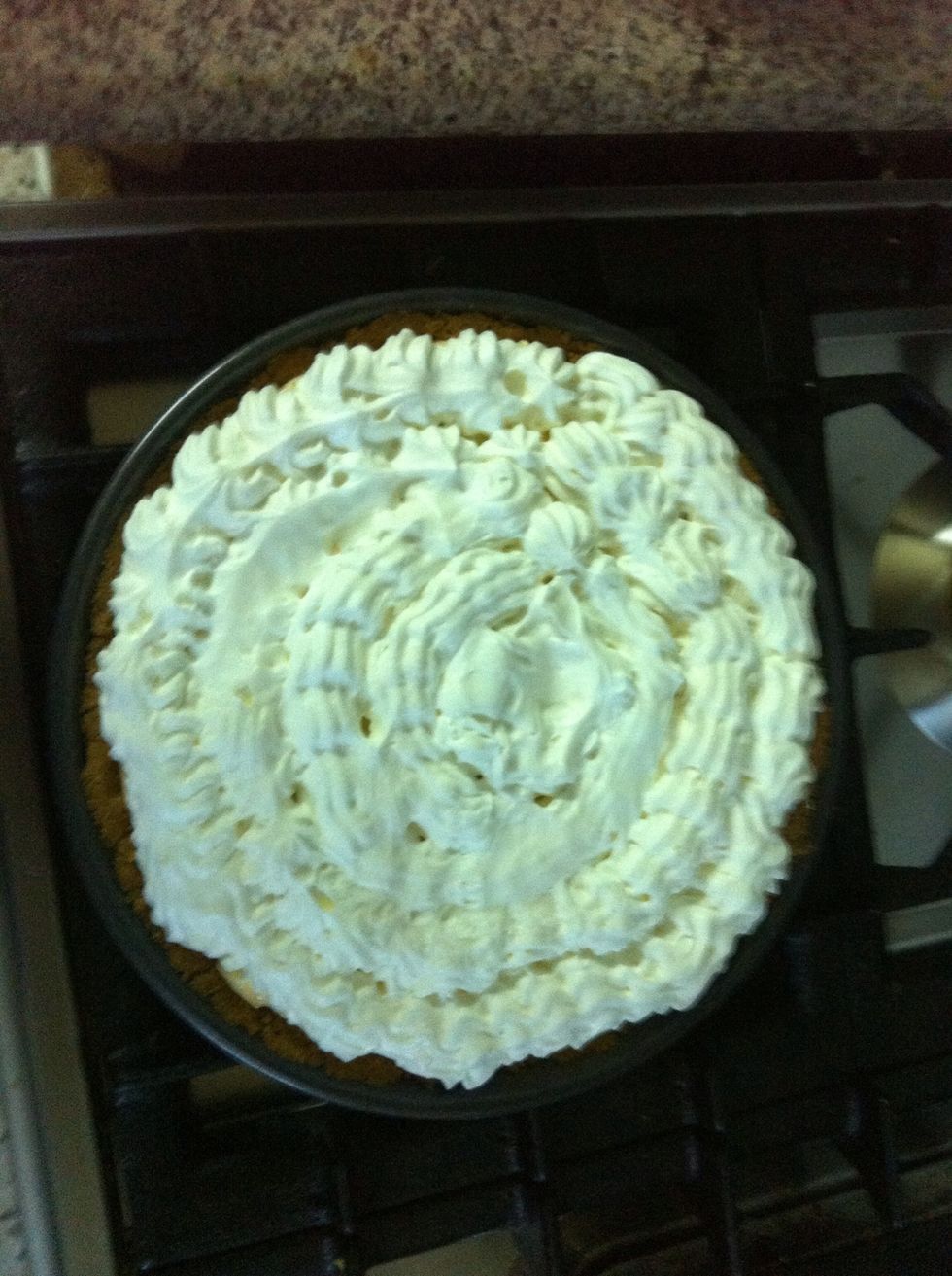 Pipe into the pie dish. Doesn't have to look pretty because any inperfections will be covered by a caramel drizzle