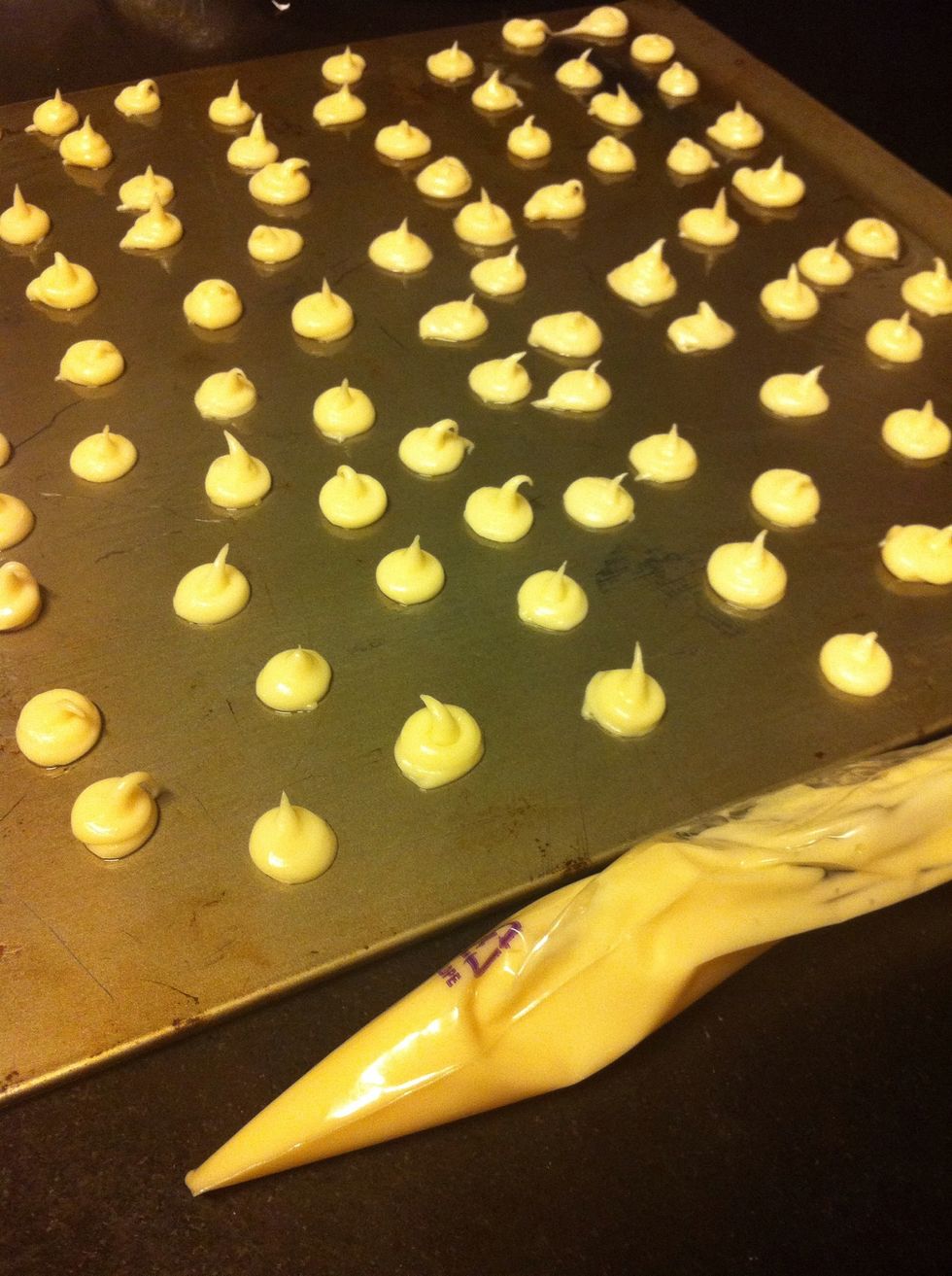 Pipe the choux paste with a piping bag or by dolloping circles of the mixture with a spoon. Distance them around 2cm apart. These are mini puffs, you can always make bigger ones for profiteroles!