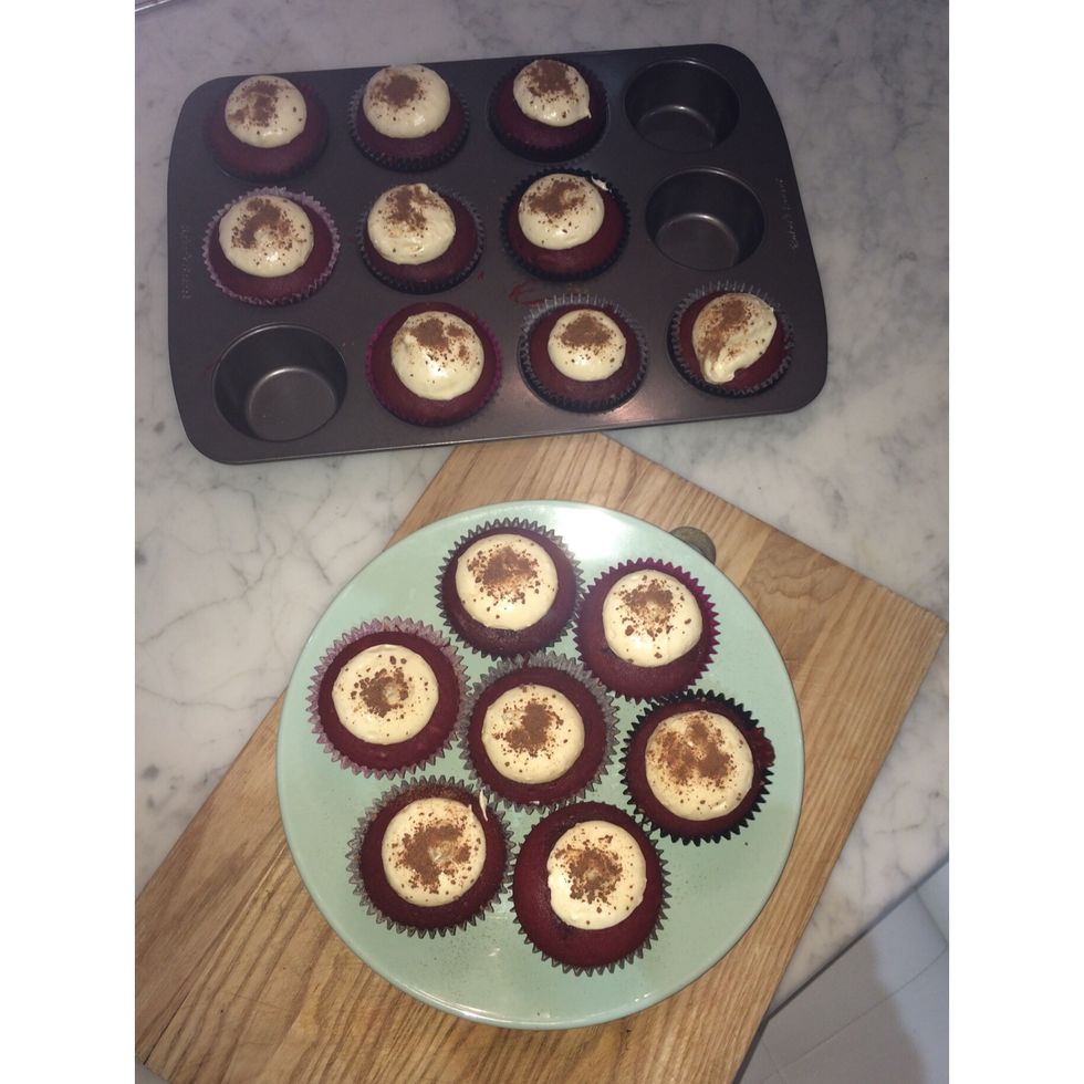 Pipe the frosting onto any dessert you desire & I choose beautiful red velvet cupcakes. Also I added melted white chocolate into the frosting, make sure it's cooled.