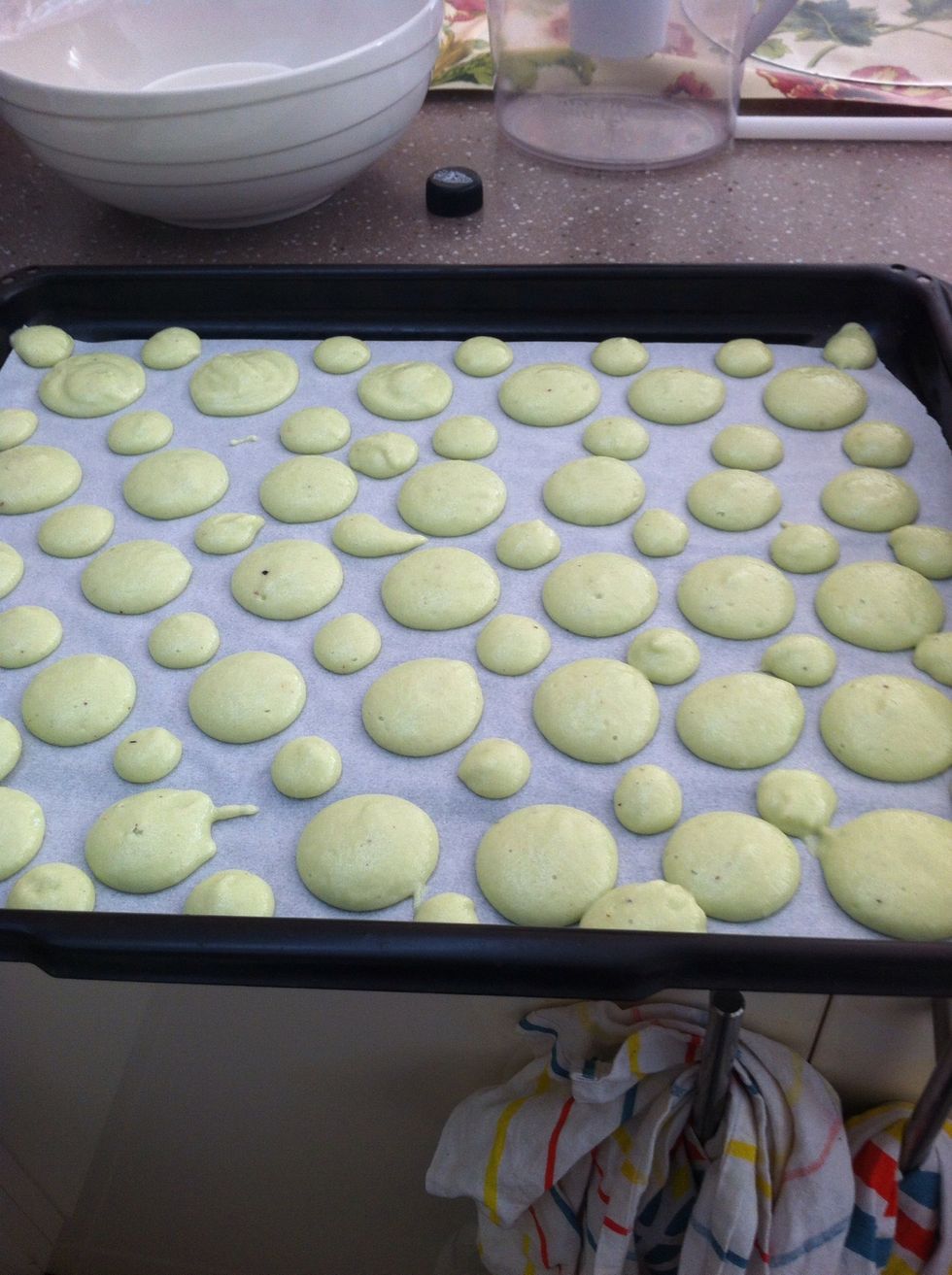 Pipe. There is enough batter to pipe two trays but I couldn't find my second tray until I finished piping (and opened the oven)\ud83d\ude16... Leave to dry the top for half and hour.