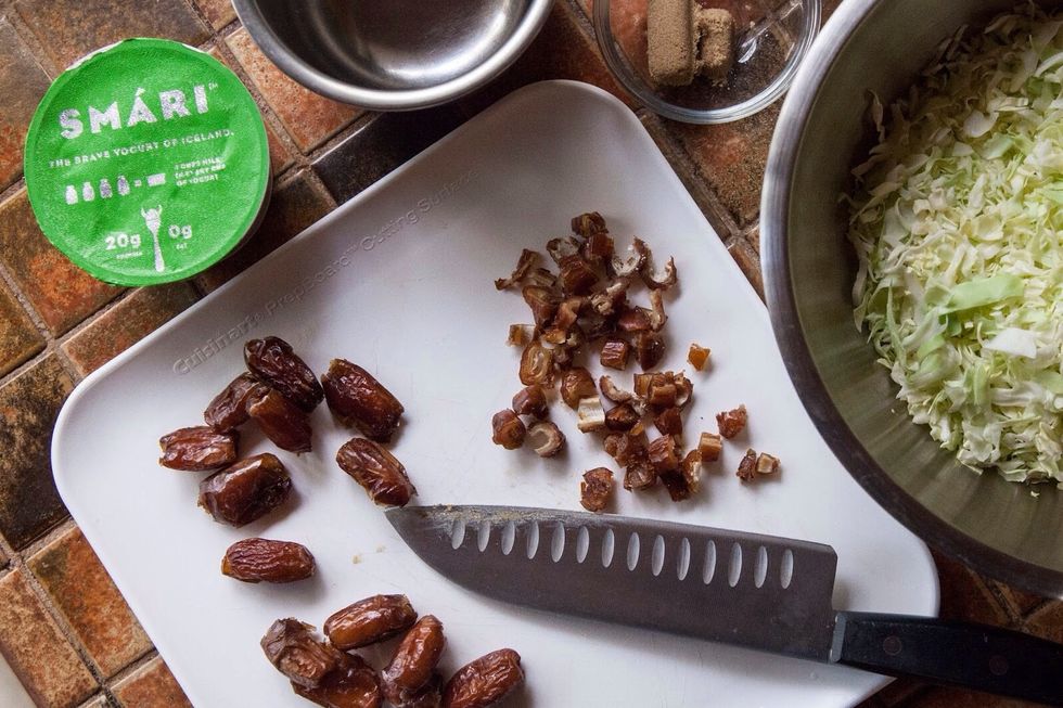 Pit the dates and chop them into bite sized pieces.