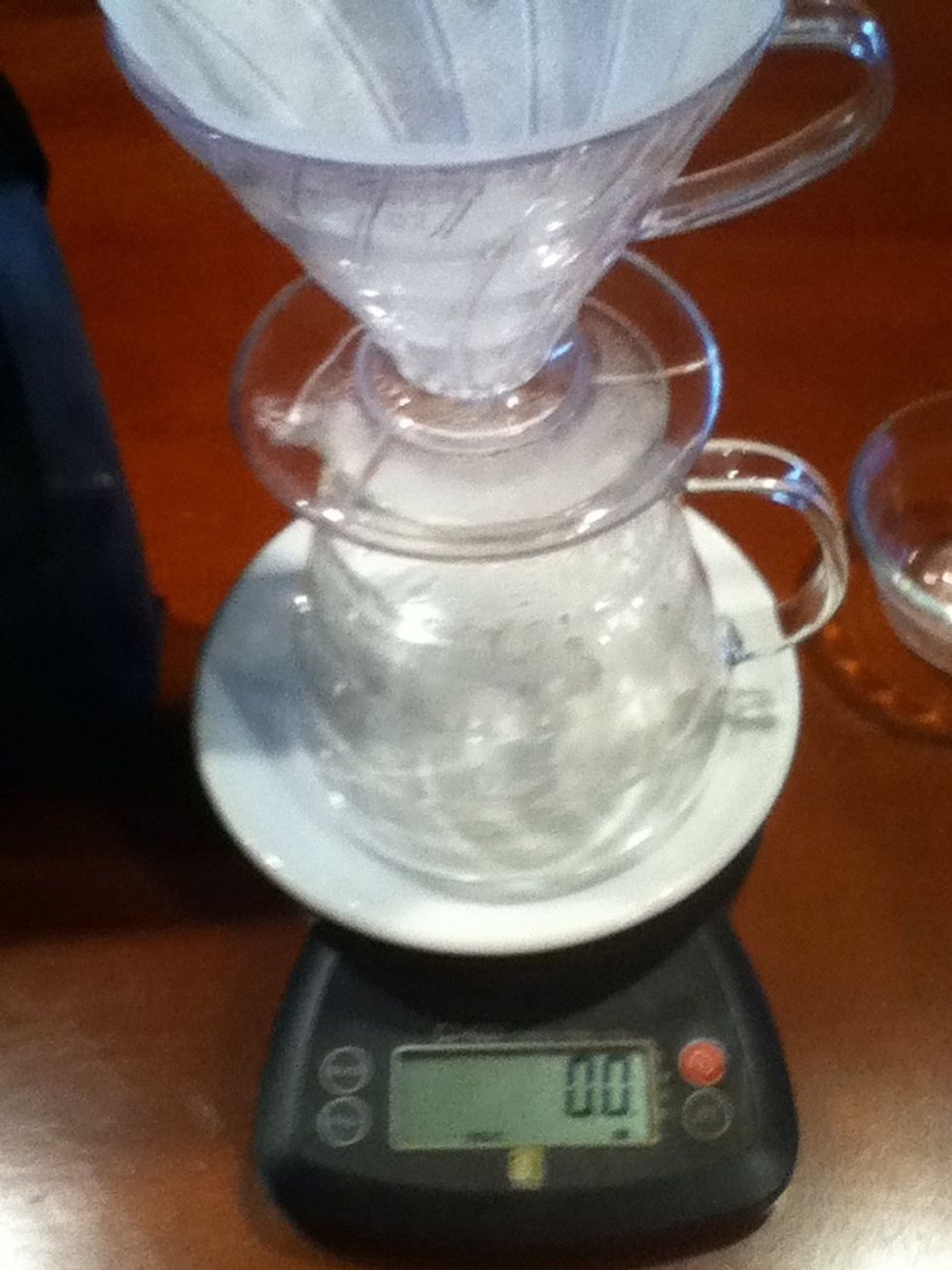 Pitch the water and zero your scale with the vessel and filter.