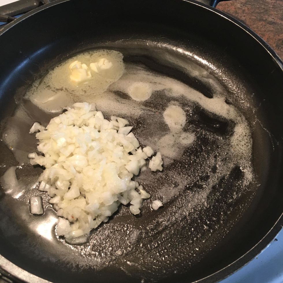 Place 1/2 cup onions, margarine in pan and saute onions.
